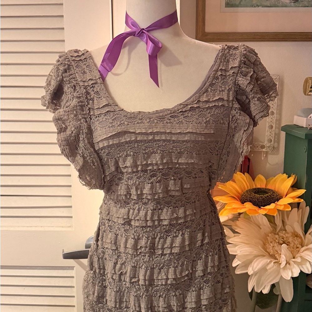Saie Lace Mini Dress in Taupe